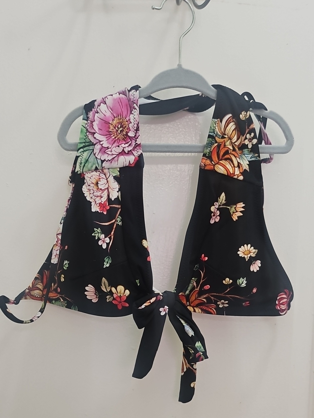 Floral Tie-Front Black Halter Top